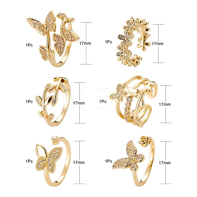 6Pcs 6 Styles Adjustable Brass Micro Pave Clear Cubic Zirconia Cuff Rings RJEW-LS0001-23G-1
