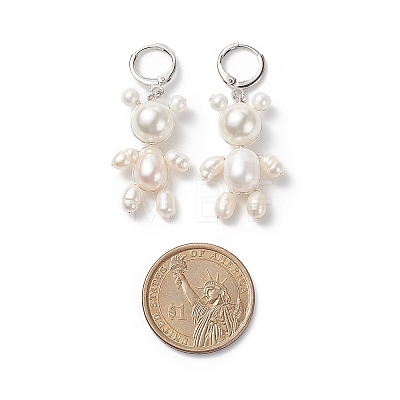 Natural Pearl Bear Dangle Leverback Earrings EJEW-TA00155-1