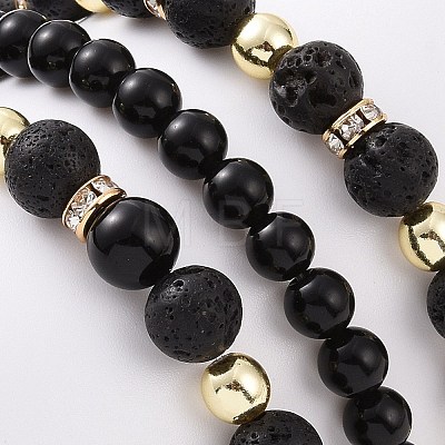 3Pcs 3 Style Natural Obsidian & Lava Rock & Brass Beaded Stretch Bracelets Set BJEW-JB09132-1