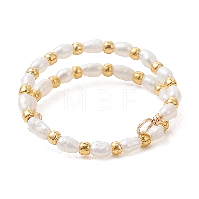 Natural Freshwater Pearl with Glass Seed Beaded Double Layers Finger Rings RJEW-JR01023-1