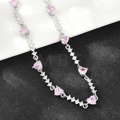 Brass Pave Pink Cubic Zirconia Heart Link Chain Necklaces KK-CBA4547-16A-P-1