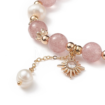 Natura Strawberry Quartz & Pearl Beaded Stretch Bracelet BJEW-JB09004-1