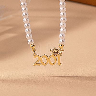 Alloy Crown Birth Year Pendant Imitation Pearl Round White Beaded Necklaces for Women FS-WG173C9-41-1