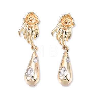 Brass Pave Clear Cubic Zirconia Hand with Teardrop Dangle Stud Earring Findings KK-N232-477LG-B-1