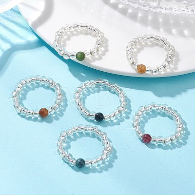 Natural Green Jade Imitation Tourmaline & Glass Beaded Stretch Finger Rings RJEW-JR01006-1
