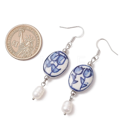 Oval with Flower Pattern 304 Stainless Steel Dangle Earrings EJEW-JE06925-1