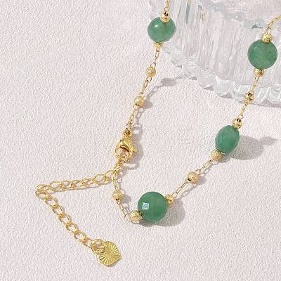 Natural Green Aventurine Faceted Flat Round Beaded Chain Necklaces with Matte Brass Beads GG-CBA37F5-01G-10-1