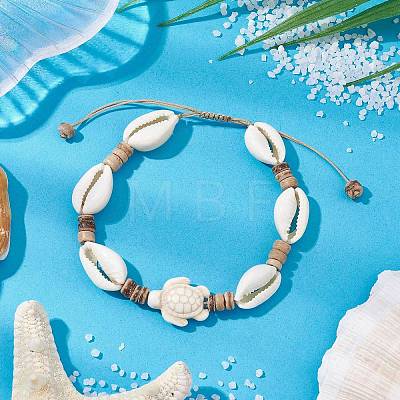 Ocean Theme Adjustable Cowrie Shell & Coconut Braided Bead Bracelets BJEW-JB11461-02-1