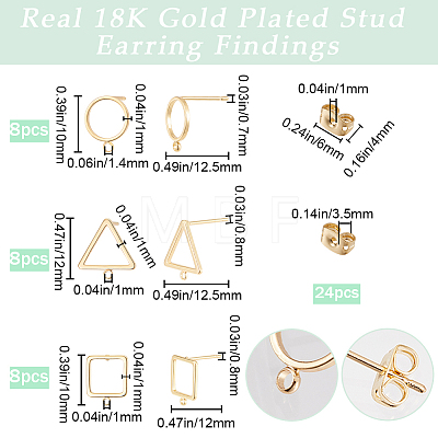 Beebeecraft 24Pcs 3 Style Square & Triangle & Ring Brass Stud Earring Findings KK-BBC0012-84-1