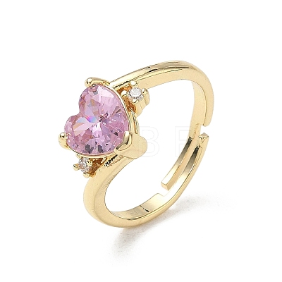 Adjustable Brass Finger Rings with Pink Heart Cubic Zirconia for Valentine's Day CU-CBA7E55-11G-1