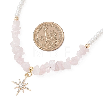 Alloy Crystal Rhinestone Star Pendant Natural Rose Quartz Chip and Round White Glass Pearl Beaded Necklaces NJEW-JN05696-01-1