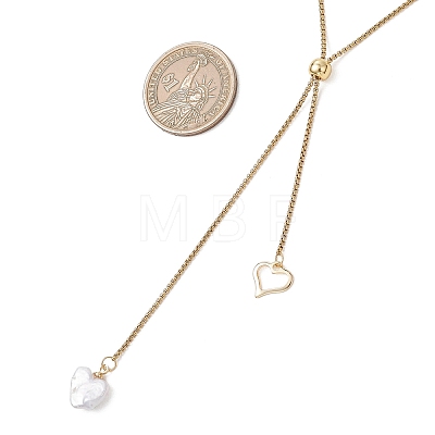 Adjustable Natural Keshi Pearl Heart Pendant 304 Stainless Steel Box Chain Lariat Necklaces NJEW-JN05947-1