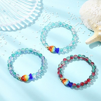 Two Tone Crackle Glass & Handmade Lampwork Beads Stretch Bracelets for Women BJEW-JB13844-1