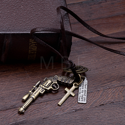 Adjustable Men's Zinc Alloy Pendant and Leather Cord Lariat Necklaces NJEW-BB16008-B-1