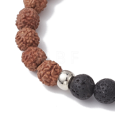 Round Natural Lava Rock & Natural Rudraksha Beaded Stretch Bracelets BJEW-TA00527-1