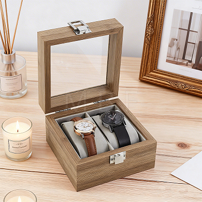 2-Slot Wooden Watch Display Cases with Glass Window Lid and Velvet Pillow Inside CON-WH0043-306A-1