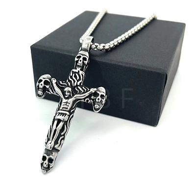 Vintage Punk 304 Stainless Steel Skull Jesus Cross Pendant Necklaces for Men AP1253-1