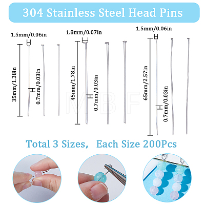 600Pcs 3 Styles 304 Stainless Steel Flat Head Pins STAS-SC0005-76-1