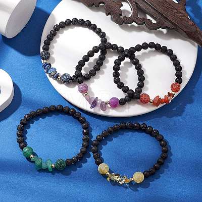 5Pcs Round Natural Gemstone Beads Stretch Bracelet Sets for Men Women BJEW-JB10980-1