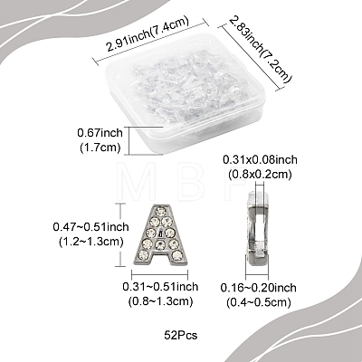 52Pcs 26 Styles Alphabet Alloy Initial Slide Charms with Grade A Rhinestones ALRI-FS0001-08-1