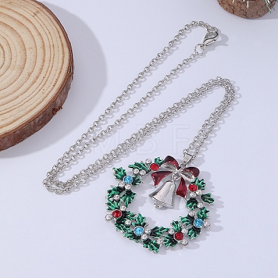 Christmas Wreath & Christmas Bell Alloy Colorful Rhinestone Pendant Necklaces WG06691-08-1