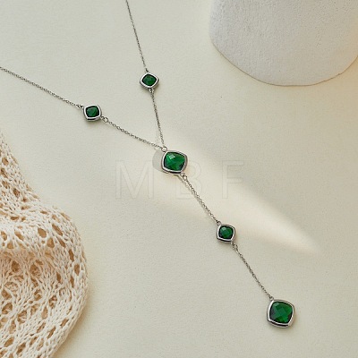 304 Stainless Steel Glass Rhombus Long Y Tassel Necklaces for Women WGE6B13-04-1