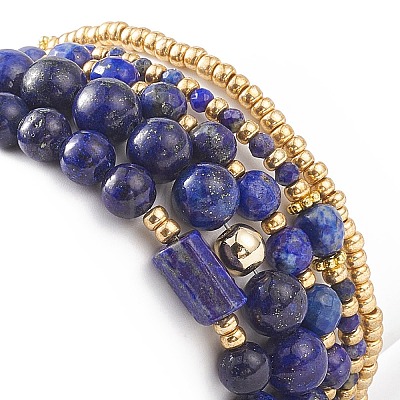 5Pcs 5 Style Natural Lapis Lazuli(Dyed) & Synthetic Hematite & Seed Beaded Stretch Bracelets Set BJEW-JB08831-1