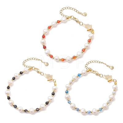 Round Natural Cultured Freshwater Pearl & Dyed Natural Agate Beaded Bracelats BJEW-JB12808-1