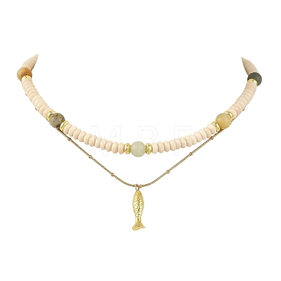 Brass Fish Pendant Natural Butter Jade and Petrified Wood Beaded Double Layer Necklaces NJEW-JN06688-1