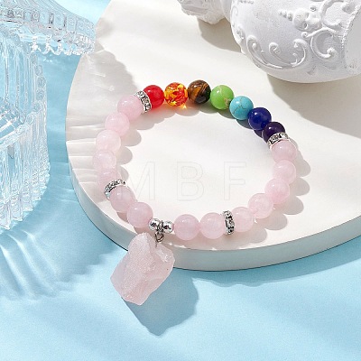 Raw Rough Natural Rose Quartz Charm Bracelets BJEW-JB10298-02-1