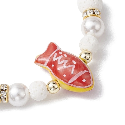 7Pcs 7 Colors Round Synthetic Lava Rock & Shell Pearl Beaded Stretch Bracelet Sets BJEW-JB10377-1