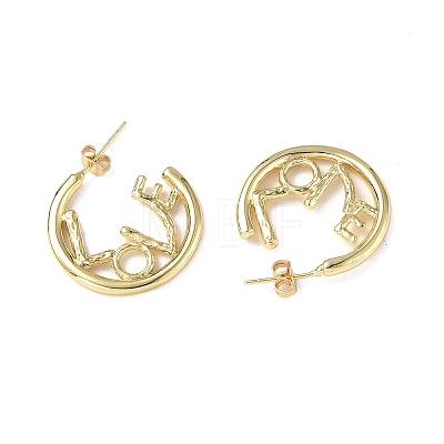 Brass Ring with Word Love Stud Earrings EJEW-P214-13G-1