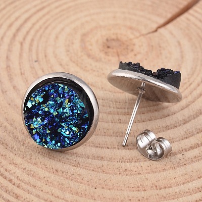 Flat Round 304 Stainless Steel Druzy Resin Ear Studs X-EJEW-JE01964-02-1