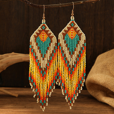 Bohemian Style Geometric Glass Seed Bead Handmade Tassel Dangle Earrings for Women TY9930-1