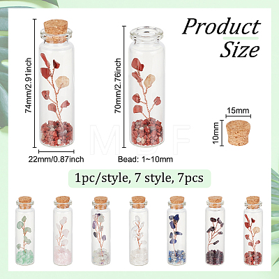 Olycraft 7Pcs 7 Style Natural Jade & Garnet & Lapis Lazuli & Quartz Crystal & Green Aventurine & Rose Quartz & Fluorite Chips Bonsai Tree in Column Glass Wish Bottles AJEW-OC0004-43-1