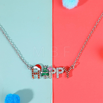 Alloy Enamel with Hyacinth Rhinestone Christmas Tree Word Happy Pendant Necklaces for Women FS-WG84419-01-1