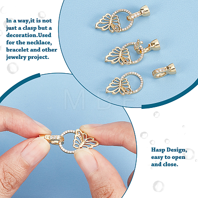 8Pcs 4 Styles Flat Round & Butterfly Brass Clear Cubic Zirconia Fold Over Clasps KK-DC0001-64-1