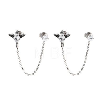 Oval with Wings 316 Surgical Stainless Steel Pave Clear Cubic Zirconia Dangle Chains Stud Earrings EJEW-Z050-63AS-1