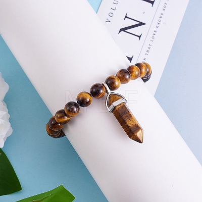 Natural Tiger Eye Stretch Bracelet with Bullet Shape Charm BJEW-SZ0002-56B-1