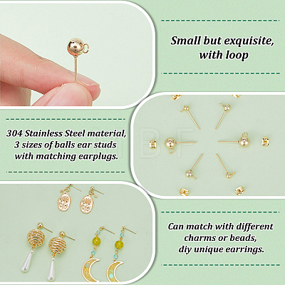 120Pcs 3 Style 304 & 202 Stainless Steel & Brass Ball Post Stud Earring Findings Sets FIND-AR0003-85-1