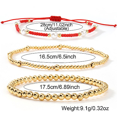 3Pcs 3 Styles Brass Round Beads Stretch Bracelets & Glass Seed Beads & Imitation Pearl Round Beads Adjustable Bracelets Set for Women YO0732-1-1