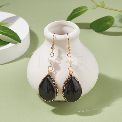 Natural Obsidian Teardrop Dangle Earrings with Natural Pearl EJEW-JE04850-02-1