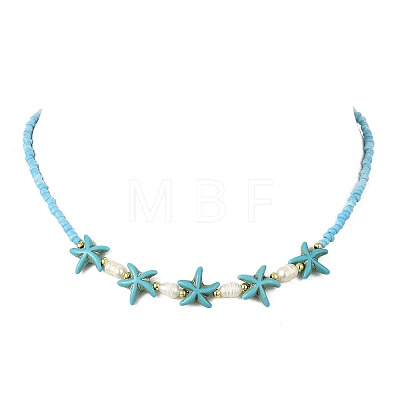 2Pcs 2 Styles Ocean Turtle Starfish Synthetic Turquoise & Natural Pearl & Glass Seed Beaded Necklaces NJEW-JN06130-04-1