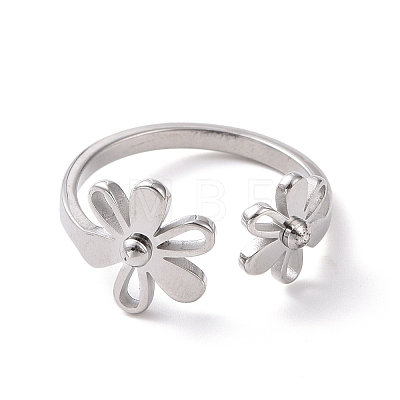 304 Stainless Steel Flower Open Cuff Ring for Women RJEW-D120-07P-1
