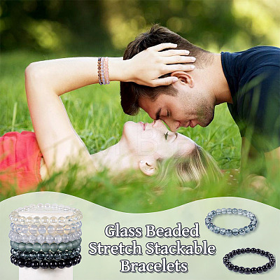 6Pcs 6 Styles 8mm Glass Round Beaded Stretch Bracelet Sets BJEW-TAC0024-1