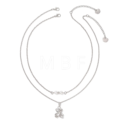Alloy Bear and White Round Pendant 304 Stainless Steel Cable Chain Double Layer Necklaces for Women NJEW-JN05758-02-1