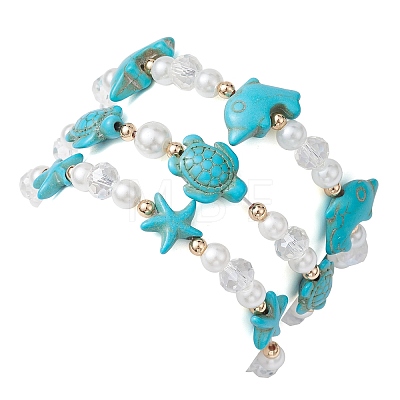 3Pcs Synthetic Turquoise & Natural Cowrie Shell Charm Bracelet Sets BJEW-JB09868-1