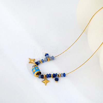 Natural Sodalite Rondelle Beads and 304 Stainless Steel Enamel Deep Sky Blue Column Star Pendant Necklaces for Women WG97891-02-1