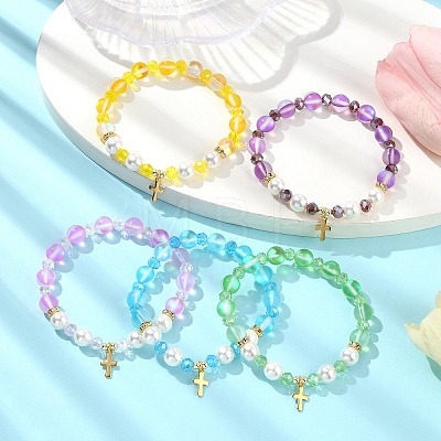 8mm Holographic Synthetic Moonstone & Shell Pearl Round Beaded Stretch Bracelets BJEW-JB10920-1