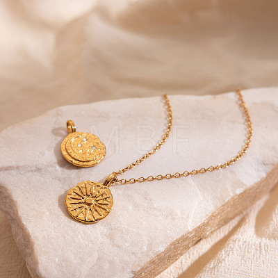 304 Stainless Steel Crystal Rhinestone Textured Coin with Flower Moon Pendant Necklaces for Women WG61E47-01-1